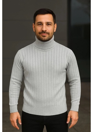 Erkek Fitilli Triko Kazak 2'li Set Gri Siyah Regular Balıkcı Yaka Tam Boğazlı Triko Seti Modeli Kaza Gri Siyah