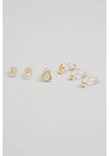 İkonik Tasarımlar 18 Ayar Sarı Altın Kaplama Gümüş Çoklu Küpe Sarı