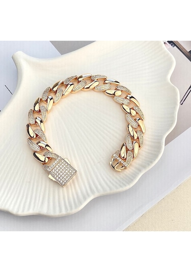 Gurmet Bileklik Tam Tur Zirkon Taşlı Kalın Zincir Çelik Kararmaz Xuping Rose 1,4cm Gold