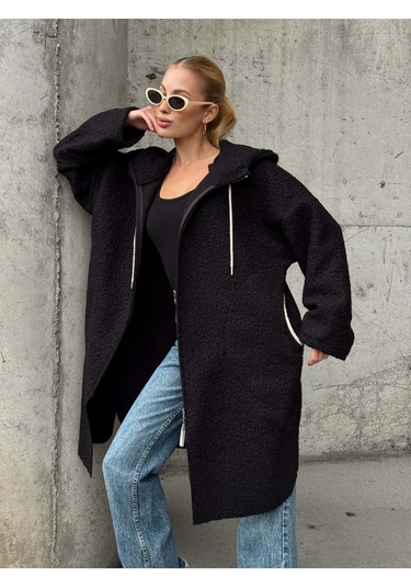 Kapüşonlu Fermuarlı Uzun Ceket Siyah