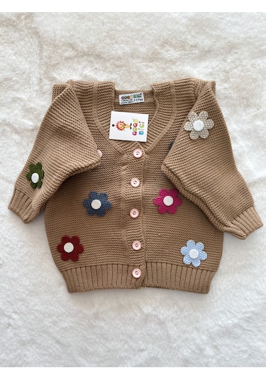 Papatyalı Örme Hırka Kahverengi