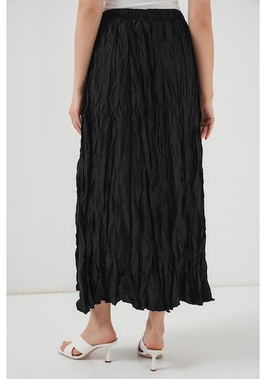 Kadın Uzun Kırışık Etek 8042 - Siyah Siyah