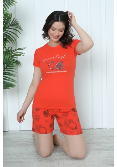 Mr 4300 Pamuklu Kısa Kollu Şortl Penye Takım Pijama Takımı Nar Desenli - Turuncu