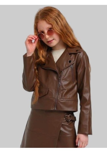 Kız Çocuk Fermuar Detaylı Deri Ceket-13666 Kahverengi