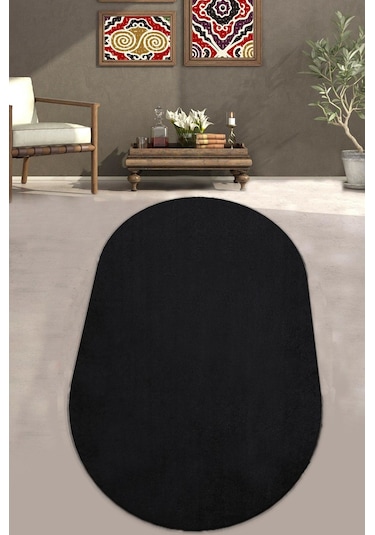 Siyah Fluffy Oval Post Peluş Halı Antibakteriyel Kaymaz Taban
