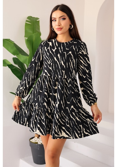Kadın Zebra Siyah Krem Desenli Uzun Kollu Mini Elbise - Kadın Elbise Siyah