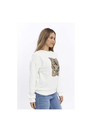 Kadife Ayıcıklar Desenli Şardonlu İçi Polarlı Ekru Regular Fit Bisiklet Yaka Kadın Sweatshirt Ekru