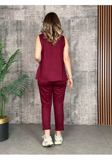 Supplierby Kadın Askılı Yuvarlak Yaka Viskon Iki Iplik Bluz Ve Eşofman Altı Ikili Takım Bordo