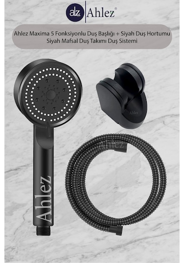 Ahlez Maxima 5 Fonksiyonlu Duş Başlığı + Siyah Duş Hortumu Takımı Siyah