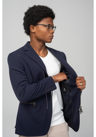 Cekmon Erkek Çift Yönlü Açılır Fermuarlı Rahat Ceket Lacivert