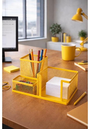 Need Nd-1034 Metal Mesh Masaüstü Organizer 3 Bölmeli, Çok Amaçlı Düzenleyici Sarı