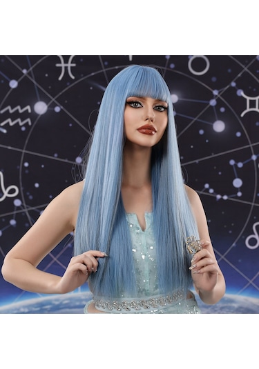 Mavi Uzun Düz Saç Kaküllü Peruk Yumuşak Ve Rüya Gibi Kadın Peruk Sentetik Peruk Doğal Alabilir Isıya Peruk Kaynak Çıtçıt 58638774