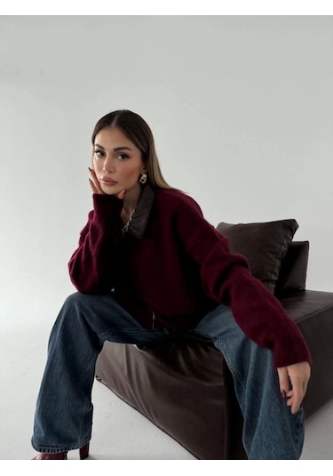 Deri Yakalı Pamuk Dokulu Çift Taraflı Çalışan Fermuar Ceket - Bordo Bordo