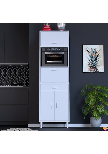 Modilayn Ennet: 60x194.6x48 Cm Fırın / Mikrodalga Dolabı 1 Çekmece, 4 Kapaklı. Mutfağınıza Yer Açın Beyaz