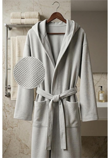 Soft Comfort Lacost Örgü Unisex Kapüşonlu Bornoz Gri
