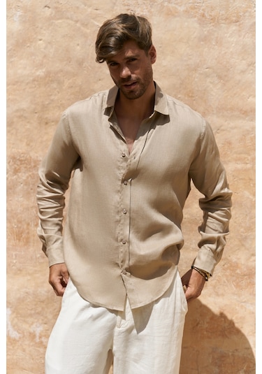 Mai Collection Mai Studios Co. Agnola Oversize Erkek Bej Keten Gömlek Bej