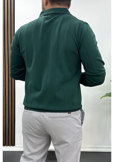 Erkek Yarım Fermuarlı Polo Yaka Mevsimlik Kazak Yeşil Edw195 Yeşil