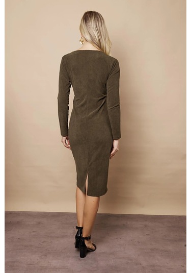 Kadın Kadife Kumaş Kruvaze Anvelop Bağcıklı Uzun Kol Diz Altı Elbise-haki Haki