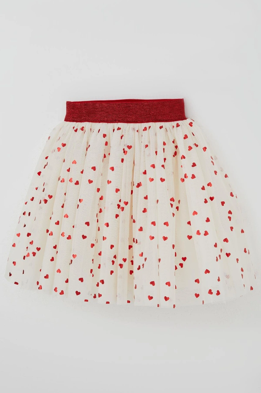 Breeze Kız Çocuk Tütü Etek Simli Kalp Desenli Beli Lastikli 5-10 Yaş, Ekru Ekru