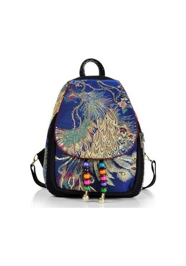 Luckydog Moda Mavi Sırt Çantası Kadın Nakış Tavuskuşu Büyük Kapasiteli Seyahat Çantası Mavi