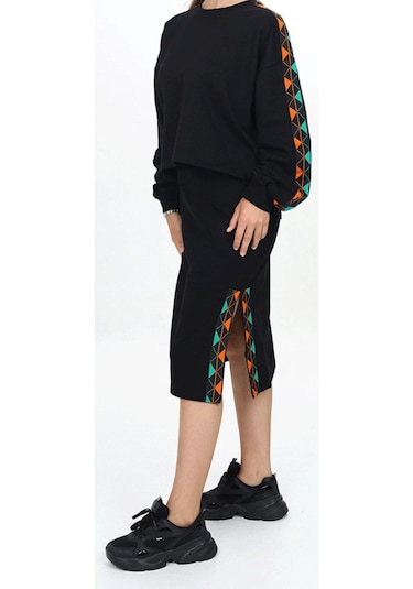 Kız Çocuk Yeşil Turuncu Şeritli Yırtmaç Etekli Sweatshirt Etek İkili Takımı Siyah