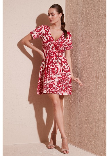 Lela Desenli Kruvaze Yaka Regular Fit Bayan Elbise 5865723 Bordo