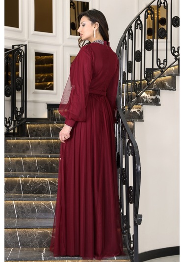 Senna Taş Detaylı Büyük Beden Şık Tesettür Abiye Bordo