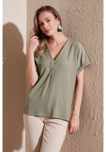 Lela Düğme Detaylı V Yaka Bayan Bluz 5865567 Olive