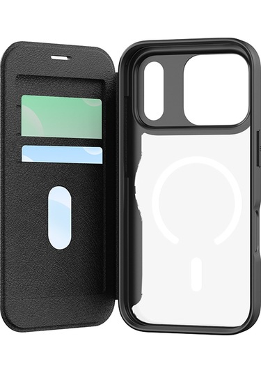 İphone 17 Pro Max Uyumlu Kılıf M-safe Şarjlı Raptic Air Folio Şeffaf Kartlıklı Kapaklı Kılıf Siyah