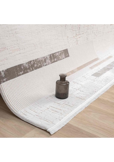 Krem Bej Kahve Yatay Blok Desenli Halı - Mk0559grl