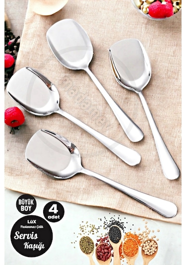 Madamev 4'lü Lüx Servis Kaşığı Seti Büyük Boy Paslanmaz Çelik Kaşık Salata Pasta Yemek Servis Mutfak