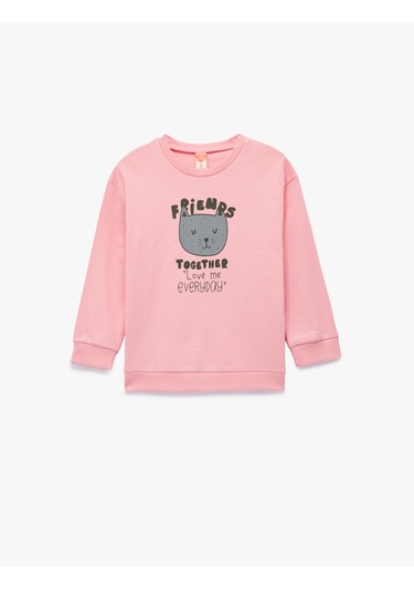 Koton Pamuklu Uzun Kollu Bisiklet Yaka Baskılı Sweatshirt Pembe 6wmg10099ak Gül