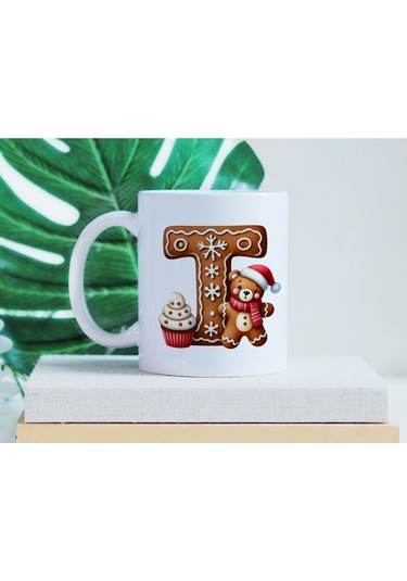 T Kurabiye Harf Ve Ayıcık Detaylı Kupa Bardak - Yeni Yıl / Yılbaşı Temalı Tasarım - Noel Hediye Beyaz