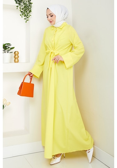 Renda Belden Bağlamalı Elbise 1467 - Sarı Sarı