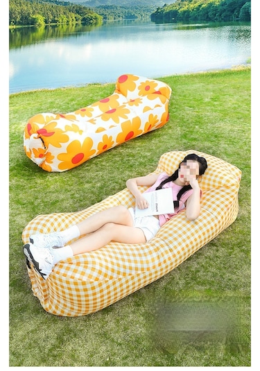 Snapbuy Baş Destekli Tek Kişilik Hava Yatağı Desenli Şişme Koltuk - Kamp ve Açık Hava Etkinlikleri İçin Taşınabilir - Turuncu - Beyaz