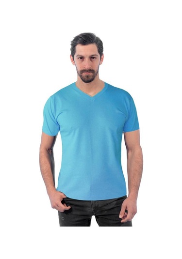 V Yaka Tişört, Açık Mavi -113E240- T-Shirt, Tshirt, Kısa Kollu