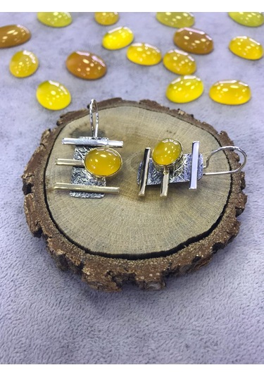 Sarı Akik Taşlı 925 Ayar Gümüş Küpe