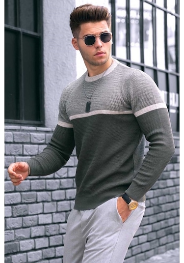 Madmext Haki Renk Bloklu Erkek Kazak 4734 Haki