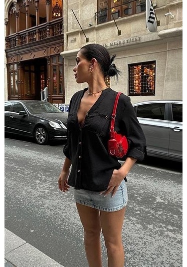 Poulina Flamlı Keten Gömlek 3257-08 Si Yah