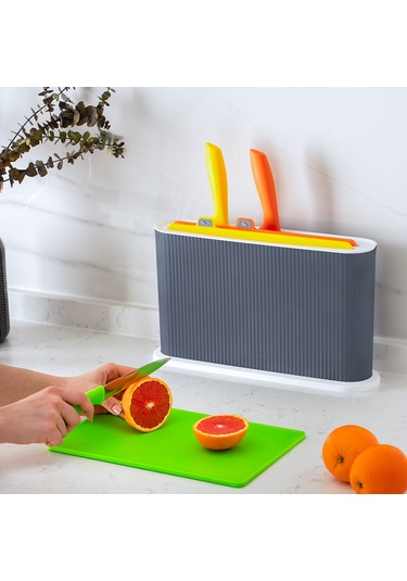 Porsima 1076 3 Bıçaklı Standlı Çoklu Kesme Tahtası Antrasit - Beyaz