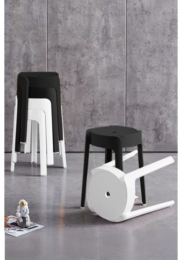 Kaymaz Ayaklı İç İçe Geçebilen Plastik Tabure 6 Adet-siyah Beyaz