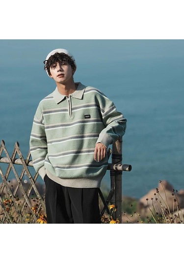 Japonya Erkek Y2k Örme Sıcak Polo Örgü Çizgili Balıkçı Yaka Kazak Gömlek Kış Sokak Giyim Hoodie Kore Giysileri Jumper Erkek Lacivert