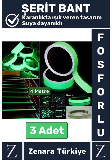 Premium Karanlıkta Işık Veren Suya Dayanıklı Ev Bahçe Merdiven Fosforlu Şerit Bant 4 Metre X 3 Adet