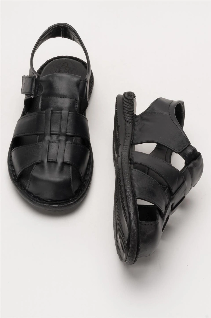 Erkek Hakiki Deri Yazlık Hafif Günlük Ayakkabı Sandalet Siyah Siyah