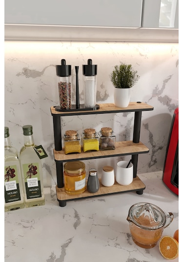 Dekoratif 3 Katlı Tezgah Üstü Raf 11 Cm X 40 Cm Safir Meşe Kahverengi