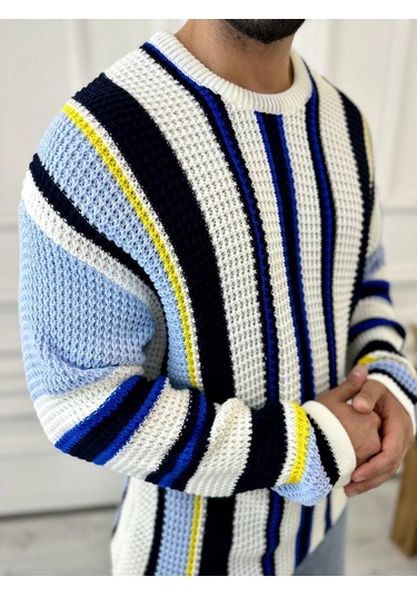 Kazak Oversize Renkli Örgü Desenli Naturel Pamuk Bol Kesim Salaş Triko Kazak Mavi