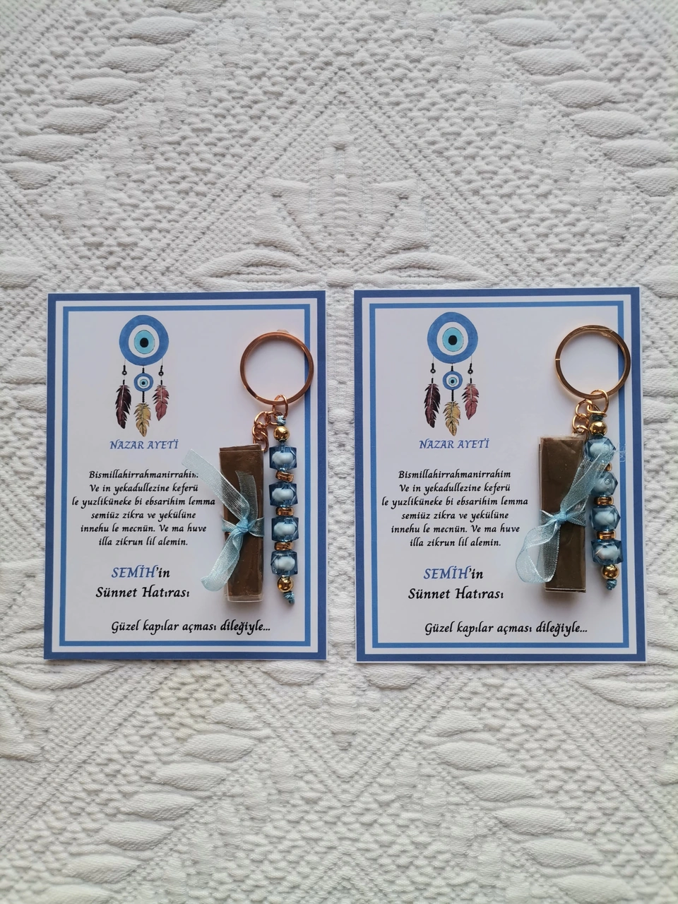100 Adet Kişiye Özel Nazar Ayeti Sünnet Hatırası Dağıtmalık Hediyelik Mavi Renk Anahtarlık Ve Kına