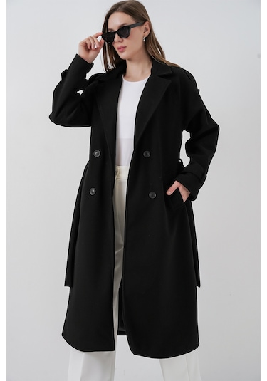 Kadın Kuşaklı Kaşe Kaban 9161 - Siyah Siyah