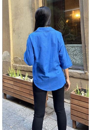 Saks Truvakar Kol, Oval Kesim, Terletmez, Flamlı Keten Salaş Gömlek Saks