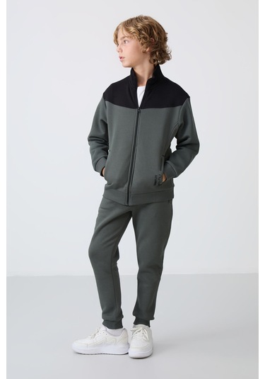 Tommy Life Haki Pamuklu Kalın İçi Tüylü Yumuşak Dokulu Standart Fit Nakışlı Erkek Çocuk Eşofman Takım - 11240 Haki